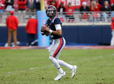 Ole Miss dual-threat quarterback Matt Corral drops back to pass during a game earlier this month. Corral, a dark horse candidate for the Heisman Trophy, was named the 2021 C Spire Conerly Trophy award winner Tuesday night as the best college football player in Mississippi. - Photo Courtesy Ole Miss Athletics