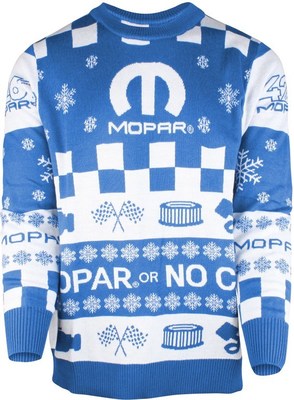 The new Mopar ugly holiday sweater features a custom-knit design with various Mopar logos showing engine and racing icons, surrounded by blue and white snowflakes. The Omega M-stacked Mopar logo is front and center and each sleeve carries the 426 Hellephant crate engine logo.
