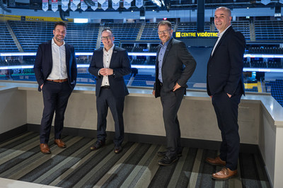 Photo (left to right): Martin Tremblay, Chief Operating Officer of Quebecor Sports and Entertainment Group; Jean-François Chalifoux, President and CEO of Beneva; Martin Robert, Executive Vice-President and Lead, Talent, Culture and Communication, of Beneva; and Stéphane Lord, Vice-President Sales of Quebecor Sports and Entertainment Group. Photo credit: Christian Gingras (CNW Group/Quebecor Sports and Entertainment)