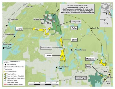 Figure 1. Regional map showcasing the 6 properties included in the Transaction in relation to SSR Mining’s Seabee gold project. (CNW Group/SSR Mining Inc.)