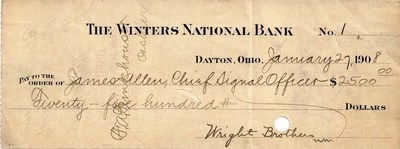 A check signed by the Wright Brothers - Wilbur and Orville - who invented the first practical aircraft. This check was issued to the U.S. Army as security in their supplying the world's first military aircraft, which they did on 1908. To be auctioned by Alexander Historical Auctions December 9, 2021.