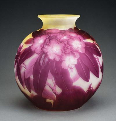 Signed Galle mold-blown cameo glass 'Rhododendron' vase. Cameo-cut magenta flowers and leaves against a frosted yellow and white background; 10½in x 9in x 9in. Mint condition. Estimate $7,000-$12,000