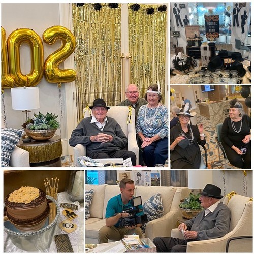 Watercrest Santa Rosa Beach Assisted Living and Memory Care celebrates the 102nd birthday of beloved resident, Bernie Regan with a Roaring Twenties themed party with his family and friends.