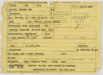 The original Los Angeles Police Department booking sheet for the arrest of Charles Manson on December 9, 1969 for "Robbery - Homicide" in connection with the infamous Tate LaBianca murders of the previous August 8-10. The murders effectively ended the "counter culture" movement of the Sixties and forever changed American thinking. To be auctioned by Alexander Historical Auctions December 9, 2021.