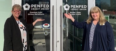 PenFed Financial Center Assistant Manager Dawn Duggar (left) and PenFed Financial Center Manager Susan Knott celebrate PenFed’s four Sarpy County People’s Choice Awards outside the Papillion Financial Center.