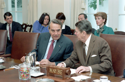 10/22/1985 President Reagan and Bob Dole in the Cabinet Room during a Republican Congressional leadership; photo credit - The Ronald Reagan Presidential Library and Museum