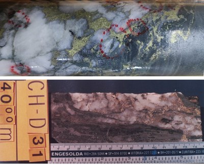 Photo 1 (Top): Photo of late quartz vein from Cabaçal Northwest Extension, hole CD-072, Photo 2 (Bottom): Photo of late quartz vein within the deformed VMS stratigraphy from Santa Helena Mine. Quartz-pyrite-chalcopyrite vein within bedded sphalerite-pyrrhotite-pyrite host. (CNW Group/Meridian Mining UK Societas)