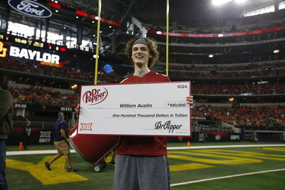 Will A., winner of the Dr Pepper Tuition Toss during halftime at the 2021 Big 12 Championship Game on December 4, 2021, at AT&T Stadium in Arlington, TX. CREDIT: AP IMAGES FOR DR PEPPER