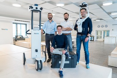 NavVis co-founders (from left to right): Robert Huitl, Dr. Felix Reinshagen, Sebastian Hilsenbeck, Georg Schroth, with NavVis's two mobile mapping devices, NavVis M6 and NavVis VLX.