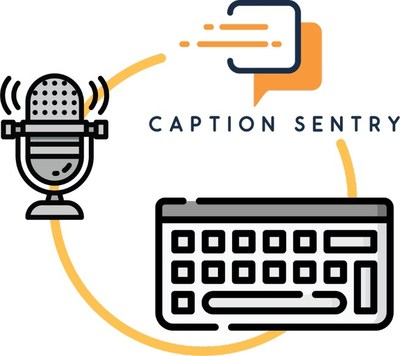 Black and yellow CaptionSentry logo depicting the circle of process: Microphone, keyboard, and written text.