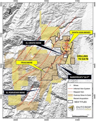 Figure 1. Property map showing vein systems, applications in brown and yellow and the new granted titles outlined in black. All the drilling to date has occurred within the dashed-yellow polygon. The new targets which will be drill tested starting in Q1 are 1- El Dorado North, 2- Los Naranjos, 3- Alaska, 4- Chepe & Estrella, 5- La Isabela, 6- Las Maras and 7-Espiritu Santo. (CNW Group/Outcrop Silver & Gold Corporation)
