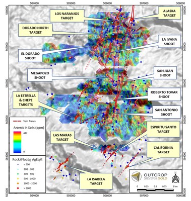 Figure 2. Map showing arsenic geochemistry, surface samples (floats/outcrop) color coded for silver equivalent grades (diamonds), mapped and interpreted vein traces, discovered shoots to date (white call outs) and new vein targets (yellow call outs). (CNW Group/Outcrop Silver & Gold Corporation)
