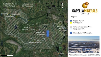 Figure 1. Location of the Katajavaara-Aakenus projects, together with known gold-copper deposits and occurrences within the district. The Company’s initial priority target areas are also indicated. (CNW Group/Capella Minerals Limited)