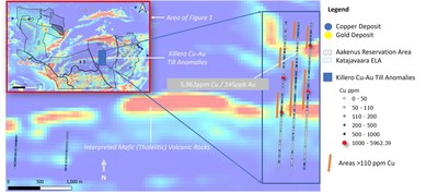 Figure 2. Elevated Base of Till (“BoT”) Cu and Au values identified in the Killero sector. Background data are regional magnetic data available from the Finnish Geological Survey (GTK). (CNW Group/Capella Minerals Limited)