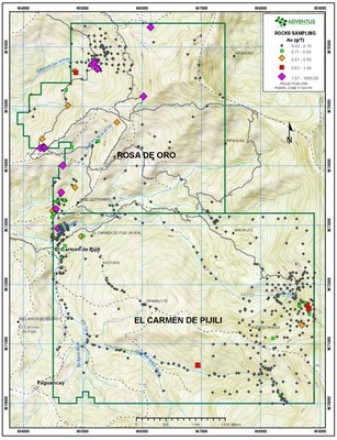 Figure 6: Rock Geochemistry Map (Gold) for Rosa de Oro and Carmen de Pijili Concessions, Pijili Project (CNW Group/Adventus Mining Corporation)