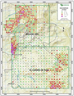 Figure 7: Soil Geochemistry Map (Copper) for Rosa de Oro and Carmen de Pijili Concessions, Pijili Project (CNW Group/Adventus Mining Corporation)