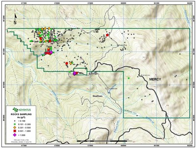 Figure 10: Rock Geochemistry Map (Gold) for Mercy Concession, Pijili Project (CNW Group/Adventus Mining Corporation)