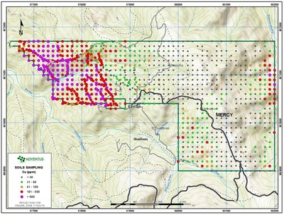Figure 11: Soil Geochemistry Map (Copper) for Mercy Concession, Pijili Project (CNW Group/Adventus Mining Corporation)