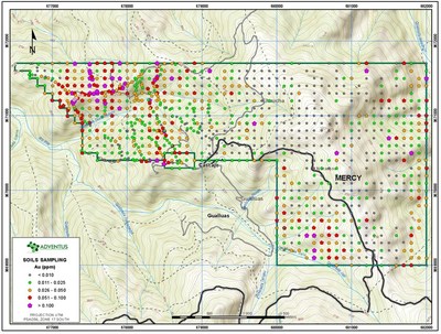 Figure 12: Soil Geochemistry Map (Gold) for Mercy Concession, Pijili Project (CNW Group/Adventus Mining Corporation)