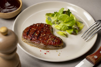 Pictured is the 3.67 oz cultivated steak printed by MeaTech 3D. (Photo credit: Shlomi Arbiv; Style credit: Amit Farber)