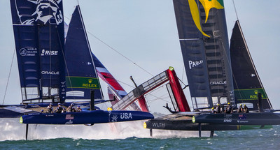 SailGP teams in close-action racing, with the U.S. SailGP Team and Australia SailGP Team narrowly avoiding the Great Britain SailGP Team as it capsized. 

Chicago has been announced as a new venue for Season 3, and will host the United States Sail Grand Prix at Navy Pier June 18-19, 2022.