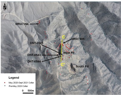 Figure 5. Plan view of Trenton Canyon project area highlighting drilling focus on Tempest zone proximal to previously mined pits. Drillholes with prefix DNT are historical drillholes drilled by Newmont Corporation ("Newmont") (CNW Group/SSR Mining Inc.)
