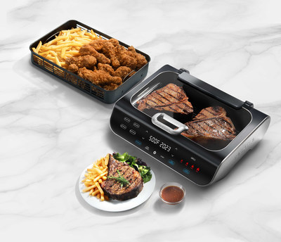The Gourmia FoodStation allows home chefs to watch their meals grill or air fry with the FoodStation's see-through lid closed. It also produces true 510°F bottom-up grilling from a powerful dual-use heating element, the only one of its kind that offers direct-to-grill pan contact.