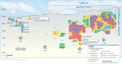 Longitudinal section from the southern half of the Napoleon prospect with all holes labelled and selected intersections shown.  Scale bar identifies extent of the higher-grade panel of mineralization. (CNW Group/Vizsla Silver Corp.)