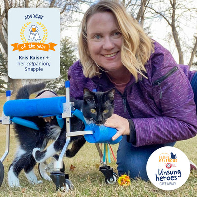 Out of 4,500 nominations for the ARM & HAMMERtm Unsung Heroes Awards, Kris Kaiser was selected as the 2021 AdvoCAT of the Year for her dedication to fostering kittens with cerebellar hypoplasia(CH). By combining creativity and compassion she helps cats like Snapple thrive. Kris' shelter Bitty Kitty Brigade, which specializes in orphaned neonatal kittens in Maple Grove, MN will receive a $15,000 donation and Kris will receive a year's supply of ARM & HAMMERtm cat litter.