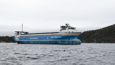 The Yara Birkeland, the world’s first fully electric and autonomous container ship,  powered by Leclanche batteries