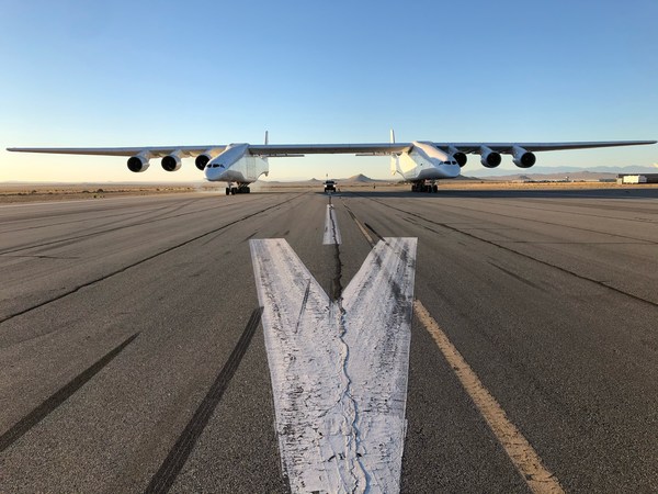 Stratolaunch's Roc carrier aircraft ready for takeoff before its second test flight. (PRNewsfoto/Stratolaunch)