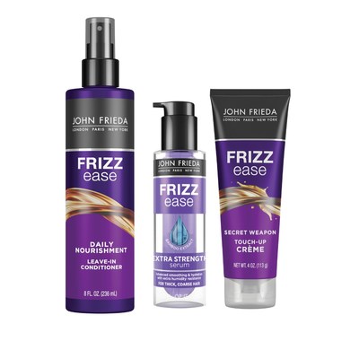 John Frieda Frizz Ease Daily Nourishment Leave-In Conditioner, Frizz Ease Extra Strength Serum and Frizz Ease Secret Weapon Touch-Up Crème