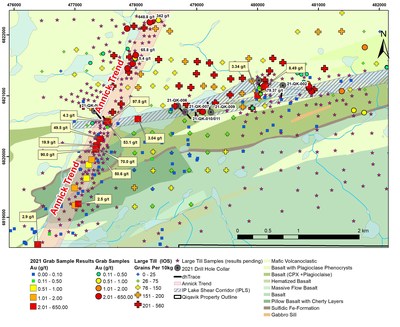 Figure 1: Map of the IPLS showing the 2021 Grab Sample Results, 2021 Drill hole locations and outstanding data (till & grab) (CNW Group/Orford Mining Corporation)