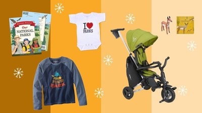 A few of the items in the National Park Foundation's 2021 Gift Guide. 
Image collage by the National Park Foundation
[Image description: a children's book called Journey Around Our National Parks, an I Heart Parks baby onesie, a L.L.Bean long-sleeve shirt featuring the words Find Your Park, a Joovy national park-inspired walker and accompanying board book about a Sonoran pronghorn and a Sonoran pronghorn plush toy.