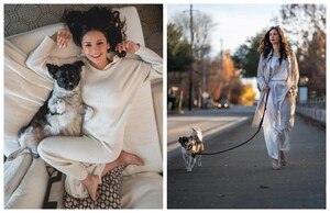 Nina Dobrev trägt schicke und gemütliche LILYSILK-Outfits beim Kuscheln mit ihrem Hund Maverick auf Instagram