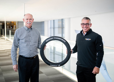 Goodyear’s general manager of global race tires, Stu Grant, poses with Dominick Wycoff, Mickey Thompson Tires & Wheels’ president to highlight the new Mickey Thompson ET Front tire.
