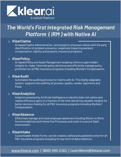 Klear.ai's 'end to end' Claims Management System, FIRST of its kind designed with native AI capabilities and focused automation to improve supervisor-to-adjustor ratios and virtually eliminate the need for Claims Assistants. The system provides insights into adjuster assignment, provider recommendations, regulatory compliance, reserve, litigation, fraud, subrogation, and settlement forecasting.