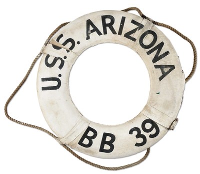 USS Arizona BB39 lifebuoy, or life ring, recovered during Dec. 7, 1941 Japanese military's attack on Pearl Harbor by a Hawaiian contract mechanic, Ernest K. Morita, who was nearby during the attack, transported the wounded to Fort Shafter Hospital, and personally retrieved the lifebuoy. It has remained in the Morita family ever since. Previously unknown to the militaria hobby and fresh to the market. Estimate $30,000-$50,000