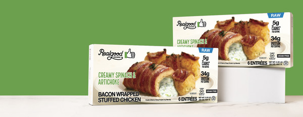 Real Good Foods' Bacon Wrapped Stuffed Chicken with Creamy Spinach and Artichoke (PRNewsfoto/Real Good Foods)