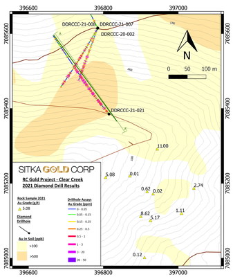 Figure 3: Plan Map of Drill Hole 21 and Surface Prospecting Gold (g/t) Assay Results (CNW Group/Sitka Gold Corp.)
