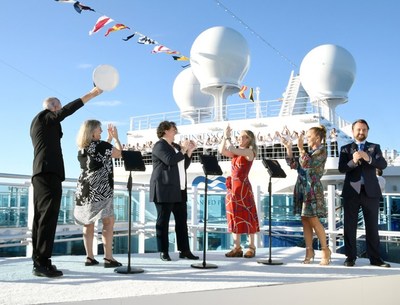 From left to right: Princess Cruises Commodore Nick Nash, Enchanted Princess Godmothers, Celebrations Ambassador Jill Whelan and Enchanted Princess Cruise Director Dan Falconer celebrate naming of Enchanted Princess