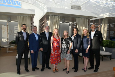 From left to right:  Carnival Corporation Chief Operations Officer, Josh Weinstein, Princess Cruises President John Padgett, Carnival Corporation Chairman Micky Arison, Enchanted Princess Godmothers (Jennifer Austin, Captain Lynn Danaher, and Dr. Vicki Ferrini), Group President Jan Swartz and Carnival Corporation President and Chief Executive Officer, Arnold Donald at the Enchanted Princess Naming Ceremony