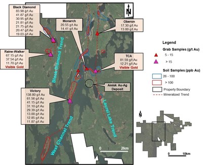 Figure 3. Highlighted surface sample results from early exploration at the Amisk Property. (CNW Group/SSR Mining Inc.)
