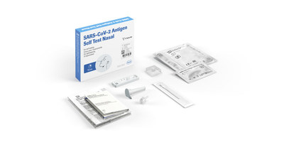 SARS-CoV-2 Antigen Self Test Nasal Kit content: 5 test devices (individually in  foil pouch with desiccant), 5 extraction buffer tubes, 5 nozzle caps, 5 sterile nasal swabs, 1 tube holder, the instruction for use and quick reference guides. (CNW Group/Roche Diagnostics Canada)