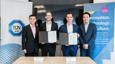 MoU signing ceremony with Dr Andreas Hauser (left), CEO Digital Service, TÜV SÜD, and Jonas Trindler (right), CEO Asia & Partner of Zühlke Group