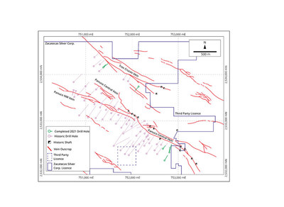 Figure 1: Map of Panuco showing historical drill traces and vein outcrop. The seven angled diamond drill holes completed by Zacatecas are shown green. (CNW Group/[nxtlink id=