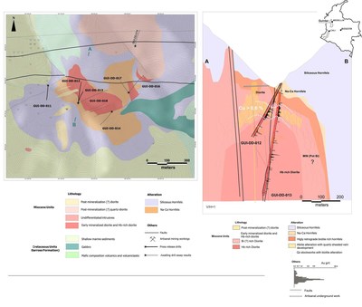 Figure 1. Geological map and cross section of diamond drill holes GUI-DD-11 to GUI-DD-13, Guintar Target Area, Colombia (Source: Royal Road). (CNW Group/Mineros S.A.)