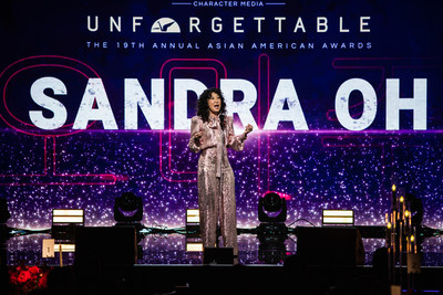 Sandra Oh, hailed as the "Queen" of the AAPI community, accepts the Actor in TV award at the 19th annual Unforgettable Gala, at the Beverly Hilton. (Photograph by Daniel Byun)