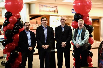In order from left to right. Randy Sparacino, Mayor of Medford; Eli Matthews, President and CEO, Medford Chamber of Commerce; Carey Cahill, VP of Sales and Marketing, Hunter Communications; and Brian Gebhard, Director of Operations, Rogue Valley International-Medford Airport speak at MFR to announce the high-speed fiber-optic internet upgrade.