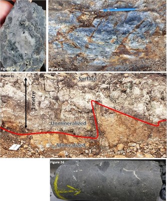 Fig 2a) Sample 5009; 
Fig2b) Outcrop of hydrothermal breccia hosting abundant pyrite exposed at drill pad 21RC-05; 
Fig 2c) Outcrop of hydrothermal breccia exposed on vertical face at drill pad 21RC-05; 
Fig 2d) Example of hydrothermal breccia in drill-core from 21RC-05 at a depth of 80.9 meters containing abundant very fine-grained sulphide and coarser pyrite. (CNW Group/Northern Shield Resources Inc.)